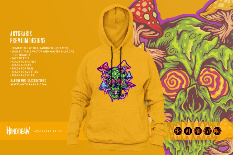 Trippy skull with psychedelic magic mushroom logo illustrations