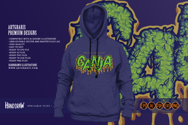 Ganja lettering word with melted flower buds letter illustrations