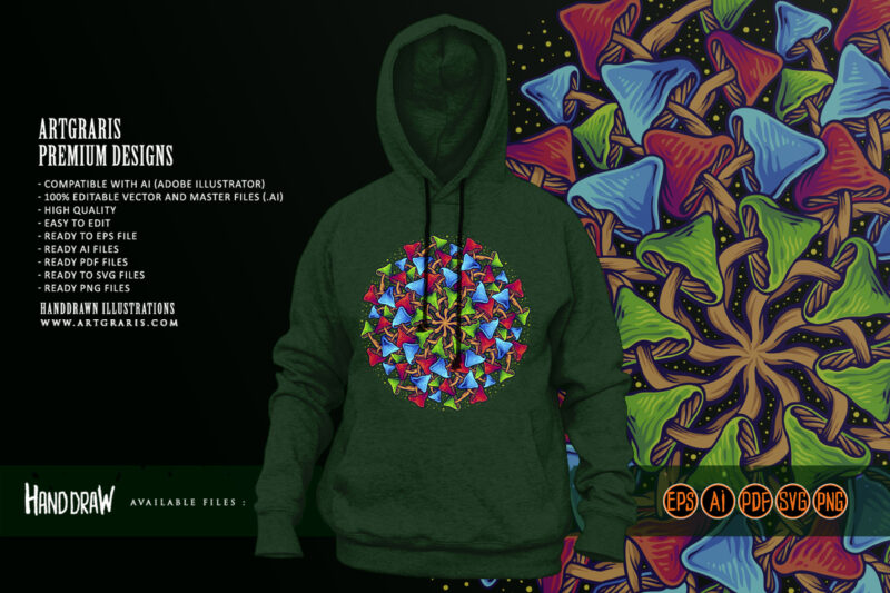 Sacred geometry psychedelic mandala magic mushroom illustrations