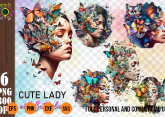 Lady ClipArt with Cute Butterflies PNG Graphic Watercolor style Transparent Background t-shirt design