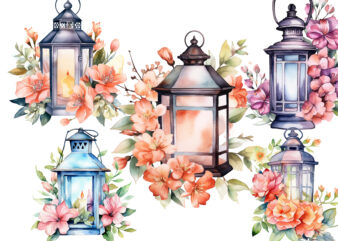 Lantern with Flowers Watercolor Clipart