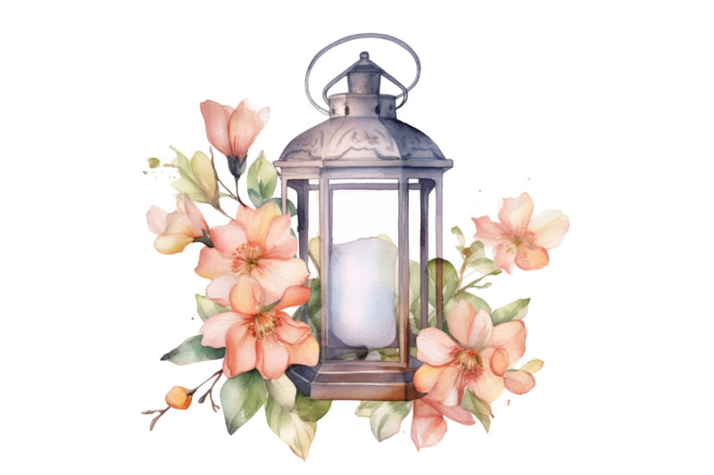 Lantern with Flowers Watercolor Clipart