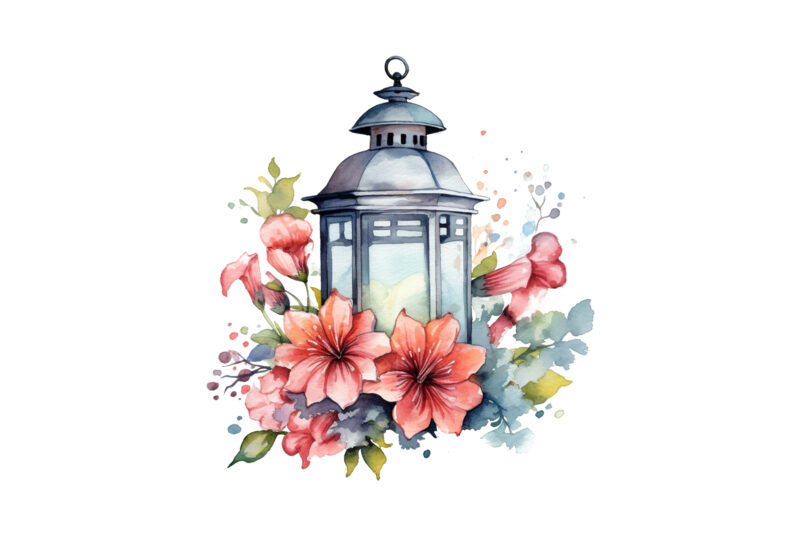 Lantern with Flowers Watercolor Clipart
