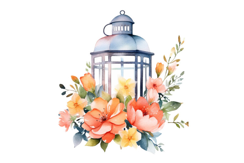 Lantern with Flowers Watercolor Clipart