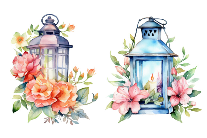 Lantern with Flowers Watercolor Clipart