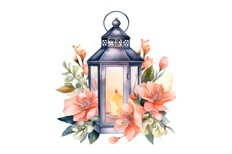 Lantern with Flowers Watercolor Clipart