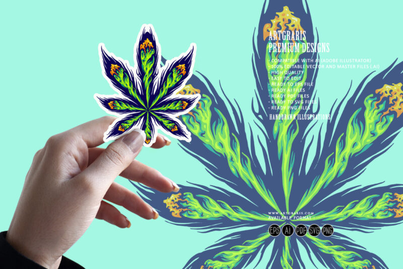 Lighting cannabis joint arrangement form into sativa leaf illustrations