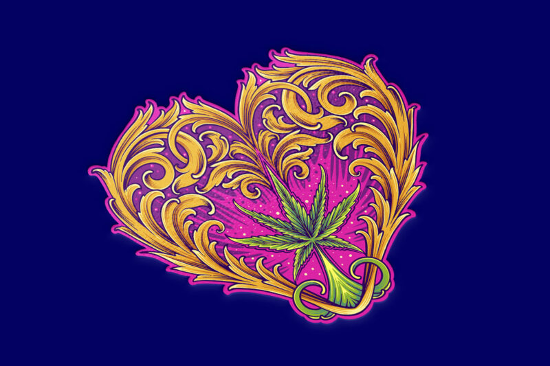 Sacred cannabis leaf in heart shape engraved ornament illustrations