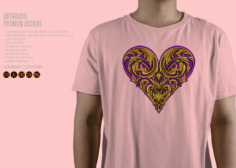 Luxury engraving petal ornament heart shaped illustrations t shirt vector graphic