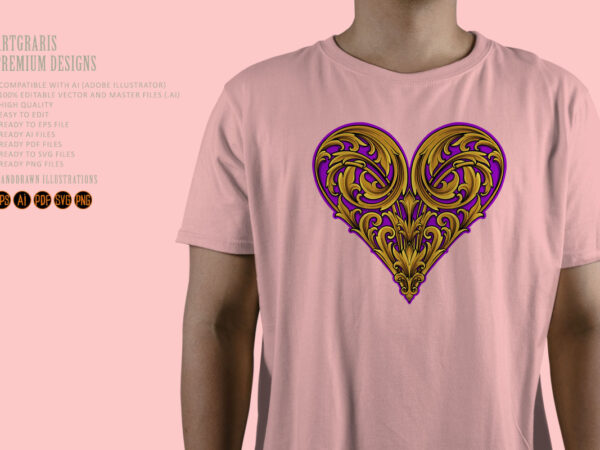 Luxury engraving petal ornament heart shaped illustrations t shirt vector graphic