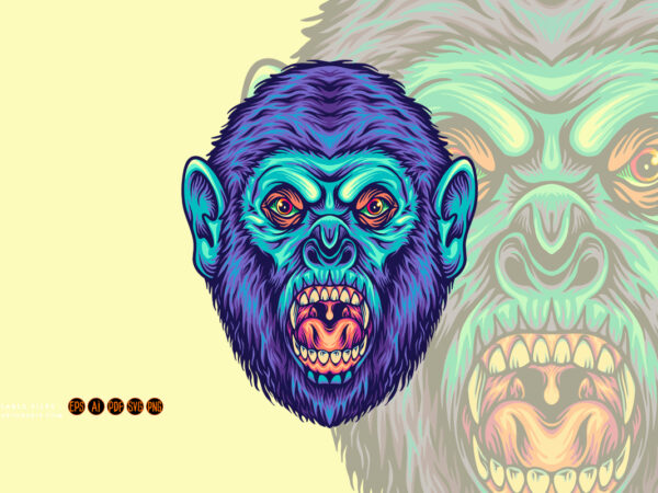 Mad gorilla head jungle king cartoon illustrations t shirt designs for sale