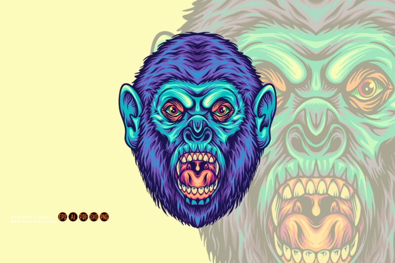 Mad gorilla head jungle king cartoon illustrations