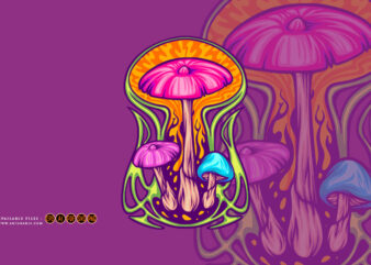 Magic mushroom psycho plant on trippy background illustrations