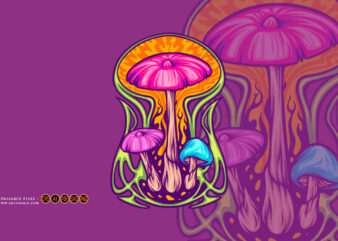 Magic mushroom psycho plant on trippy background illustrations t shirt designs for sale