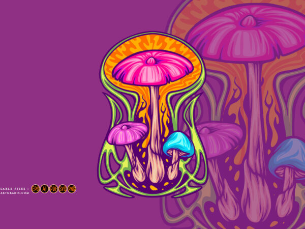 Magic mushroom psycho plant on trippy background illustrations t shirt designs for sale