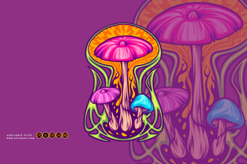 Magic mushroom psycho plant on trippy background illustrations