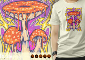 Magic mushroom with art nouveau frame background illustrations t shirt designs for sale