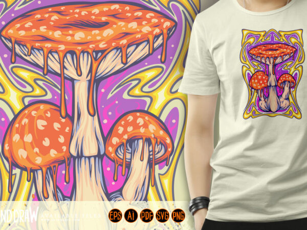 Magic mushroom with art nouveau frame background illustrations t shirt designs for sale