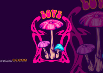 Magical mushroom family with psychedelic nouveau frame illustrations
