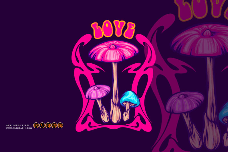 Magical mushroom family with psychedelic nouveau frame illustrations