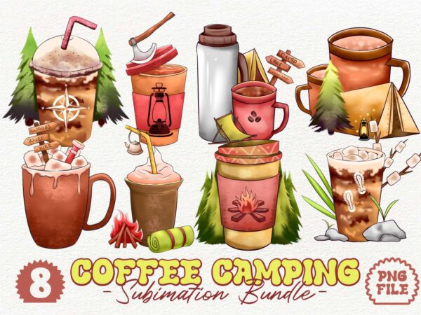 Iced coffee camping png sublimation bundle, universtock t shirt design for sale