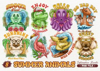 Watercolor Summer Animals Sublimation PNG Bundle, UNIVERSTOCK