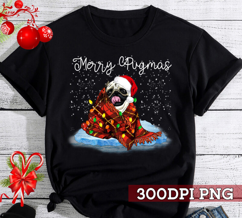 Merry Pugmas Christmas Funny Pug Santa Hat Red Plaid NC