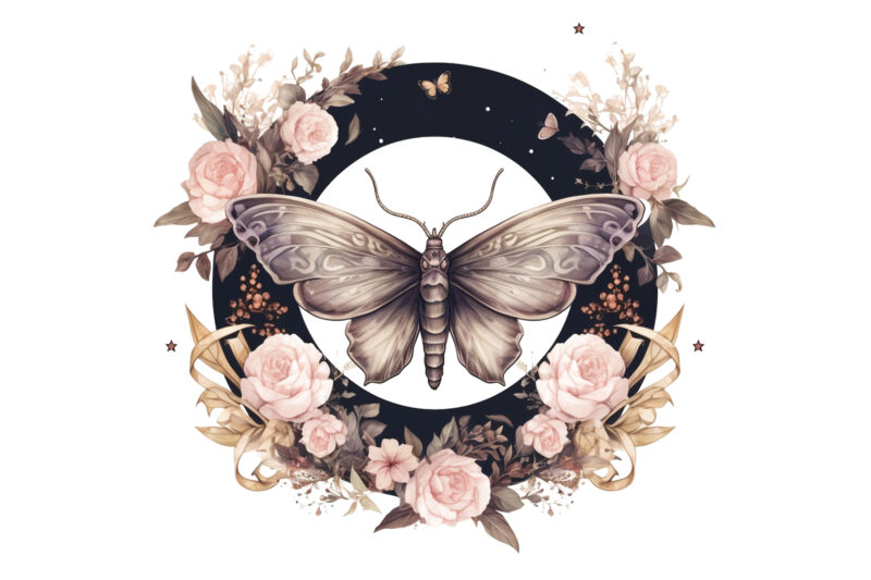 Night Moth and Floral Moon Clipart