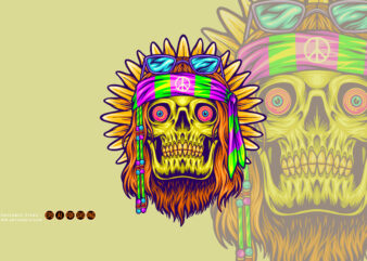 Old hippie bearded skull flower child illustrations