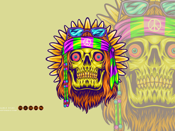 Old hippie bearded skull flower child illustrations t shirt design online