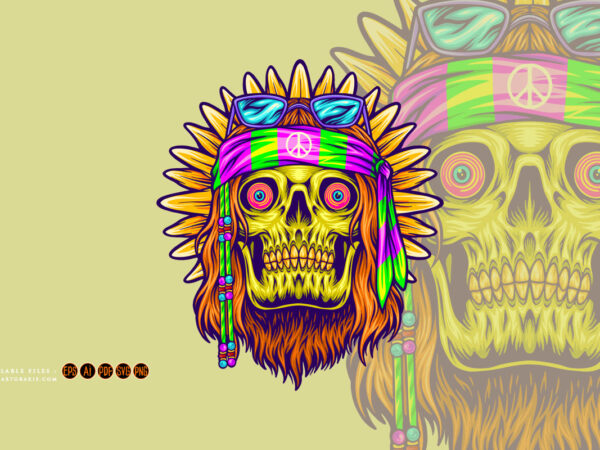 Old hippie bearded skull flower child illustrations t shirt design online Old hippie bearded skull flower child illustrations t shirt design online