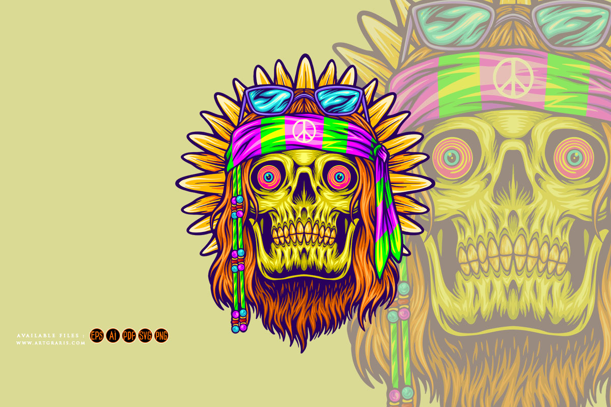 Old hippie bearded skull flower child illustrations - Buy t-shirt designs