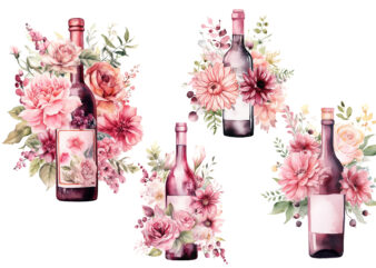 Pink Florals Wine Bottle Clipart
