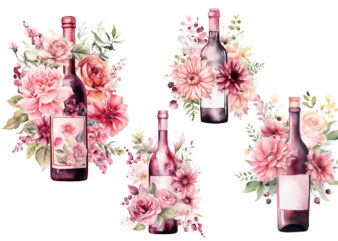 Pink Florals Wine Bottle Clipart t shirt illustration