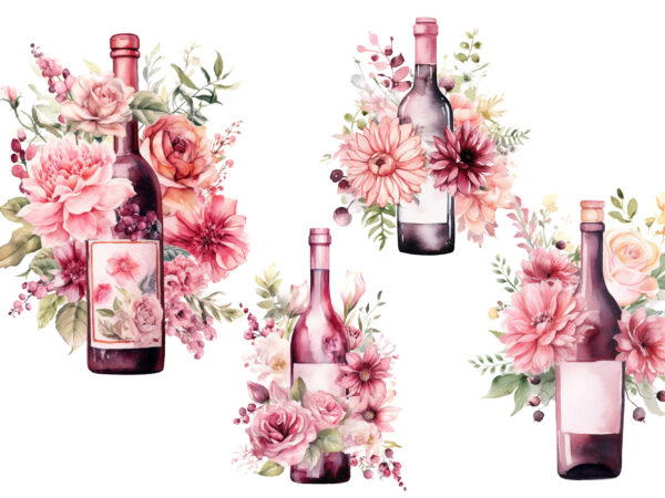 Pink florals wine bottle clipart t shirt illustration