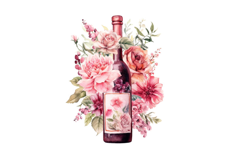 Pink Florals Wine Bottle Clipart