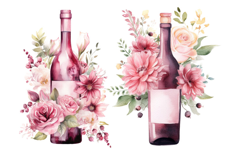 Pink Florals Wine Bottle Clipart