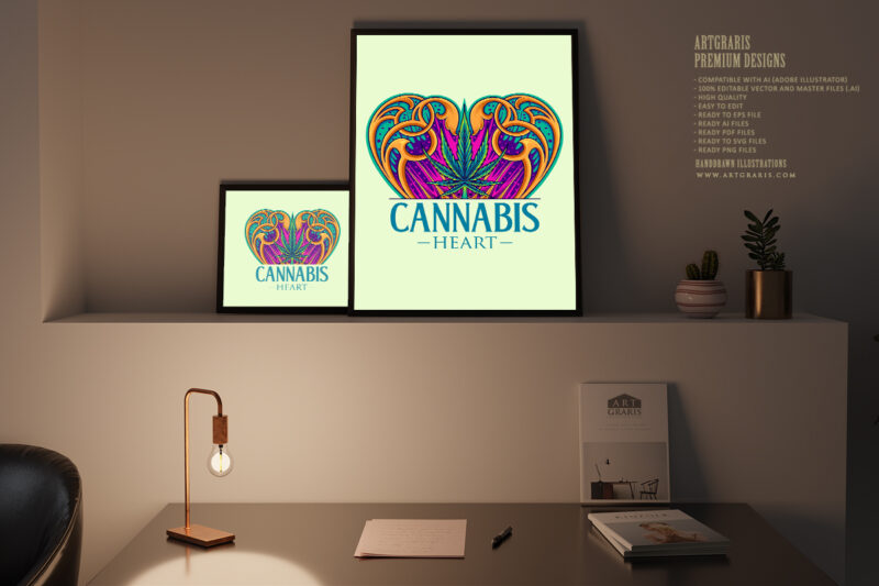 Cannabis sativa leaf in art nouveau heart shaped frame illustrations