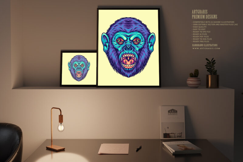 Mad gorilla head jungle king cartoon illustrations
