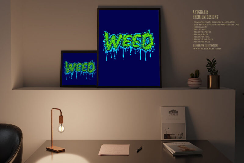 Weed word lettering with melted buds text illustrations