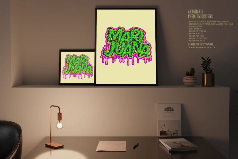 Marijuana lettering word with melted buds texture illustrations