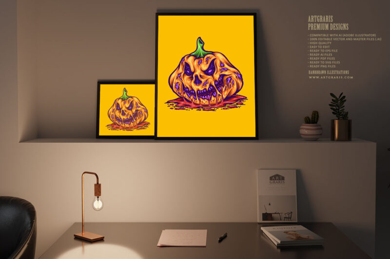 Rotten pumpkin creepy monster halloween fruit illustrations