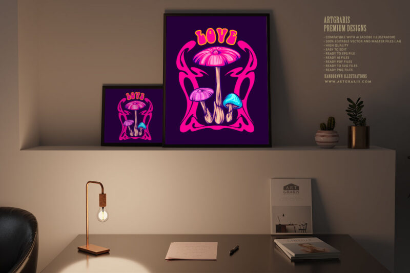 Magical mushroom family with psychedelic nouveau frame illustrations