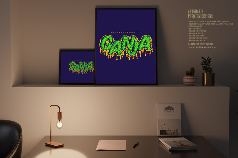 Ganja lettering word with melted flower buds letter illustrations