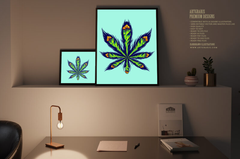 Lighting cannabis joint arrangement form into sativa leaf illustrations