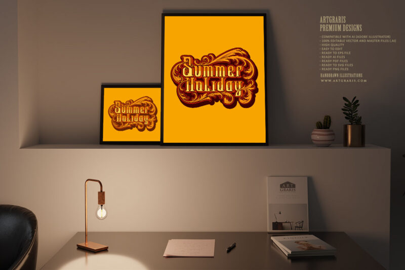 Summer vacation words with engraved ornament border illustration