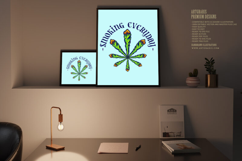 Lit weed joint form into cannabis leaf logo illustrations