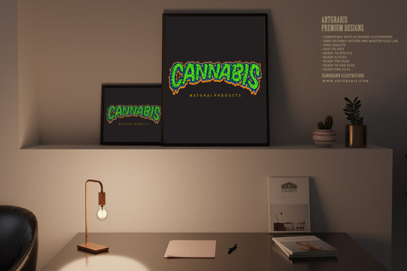 Cannabis typeface hemp buds letter effect illustrations