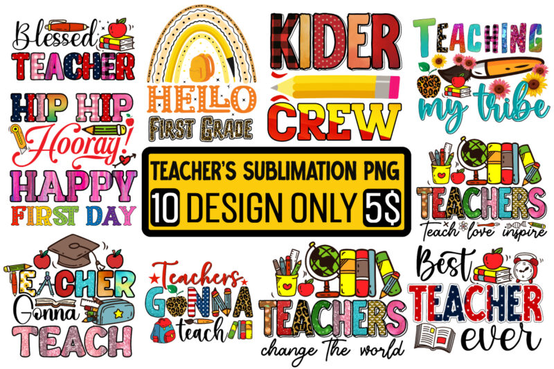 Teacher Sublimation PNG Design 10 Design Bundle,Teacher PNG, Teacher Name Frame PNG, Pencil Apple Coffee Rule Frame Name, File Design for Sublimation Or Print, digital DownloadTeachers Change The World Png