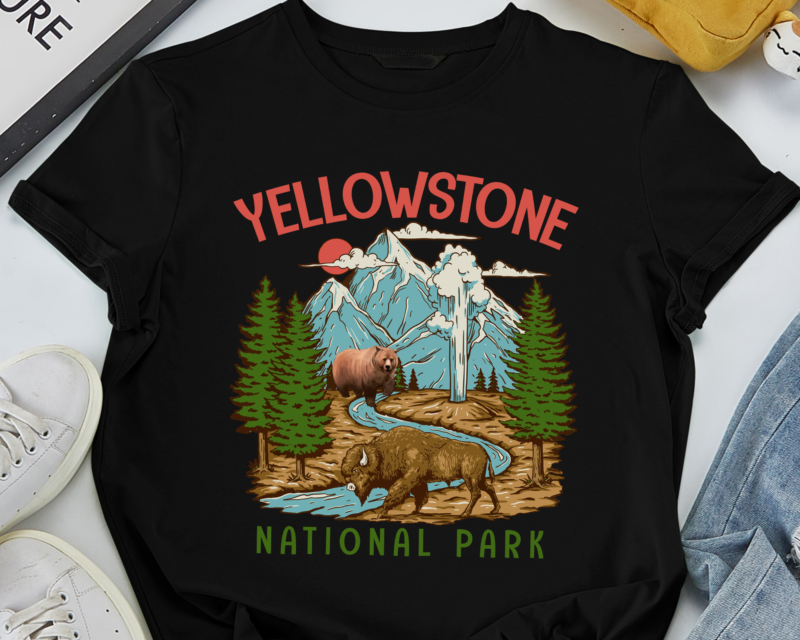 RD Yellowstone National Park US Bison Bear Vintage T-Shirt, USA Wyoming Parks Lover Gifts, Adventure Outdoors, Camping Travel Souvenirs Present
